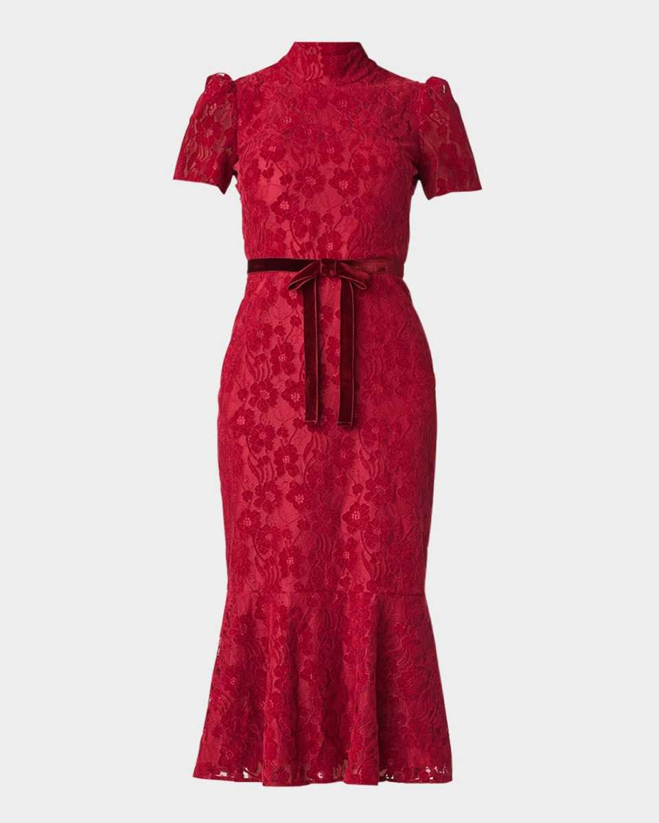 Pierre Mock-Neck Floral Lace Midi Dress